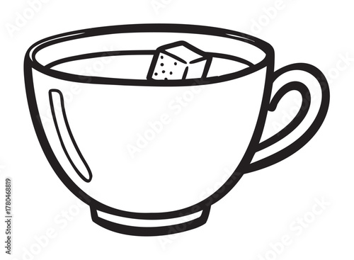 Black outline drawing of a teacup with a teabag inside, showcasing a simple and minimal design for beverage-related concepts.