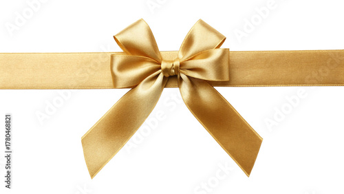 Golden gift ribbon with a bow tied in the center horizontal layout isolated on transparent background 