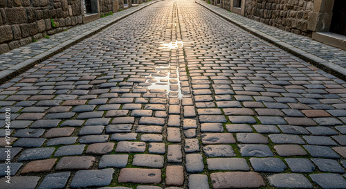 Canvas Print Old cobblestone street at sunset for concept of travel, history, or European cit