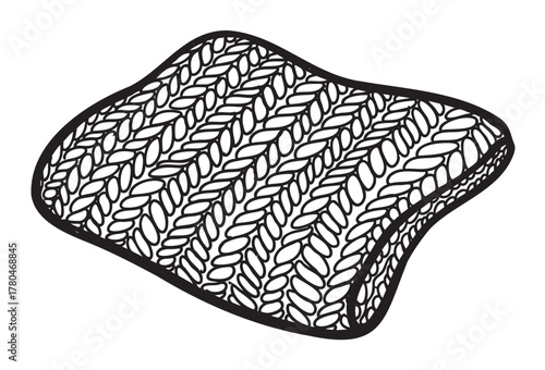 Black and white outline of a patch of fabric showcasing detailed knit or crochet patterns in a repeating leaf design.
