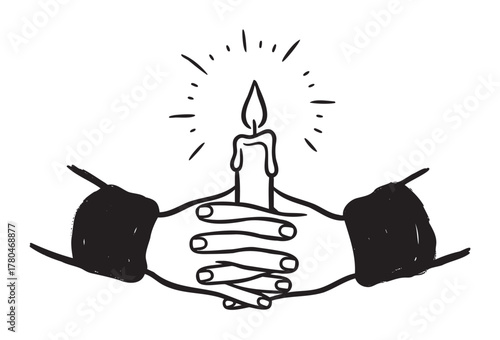 Black and white illustration of two hands holding a lit candle with rays emanating from the flame, symbolizing hope and unity.