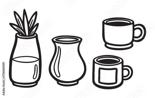 Black outline drawings of two simple mugs and two decorative vases, one with a plant inside, depicting minimalist home decor objects.
