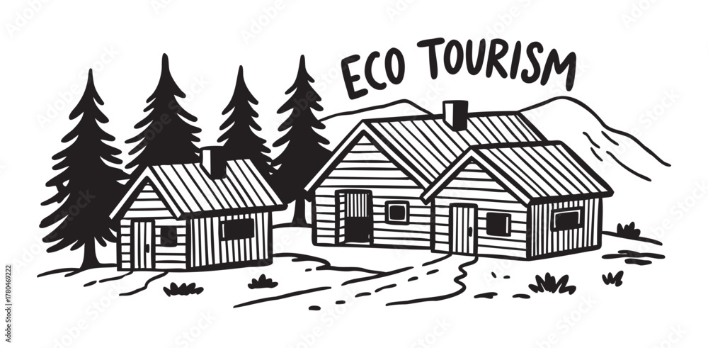 Fototapeta premium Hand-drawn illustration of rustic wooden cabins surrounded by pine trees and mountains, emphasizing eco-tourism concept.
