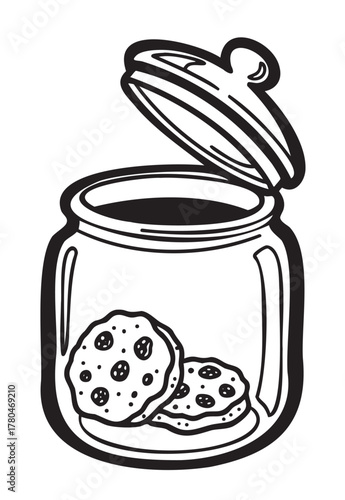 Black and white illustration of an open glass jar containing two chocolate chip cookies, emphasizing a classic homemade snack concept.