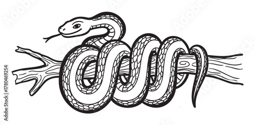 Black and white illustration of a snake coiled around a branch, showcasing detailed scales and a forked tongue.