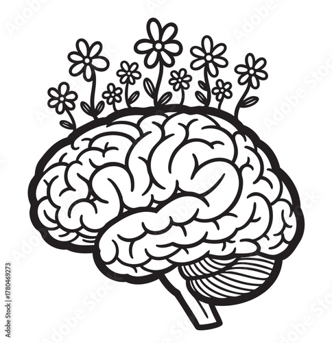 Black outline drawing of a human brain with blooming flowers growing from the top, symbolizing creativity and growth.