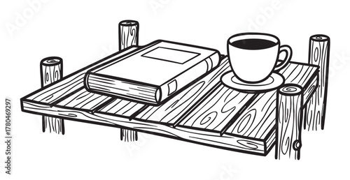 Black and white line drawing of a wooden table with a closed book and a cup of coffee on a saucer.
