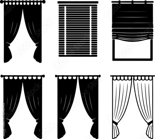 Black Silhouette Set of Curtain Styles Rod Curtain Blinds Roman Shades Tiebacks and Sheers