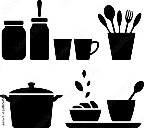 Black Silhouette Set of Decorative Kitchen Display Jars Cups Pot Tray and Spoon