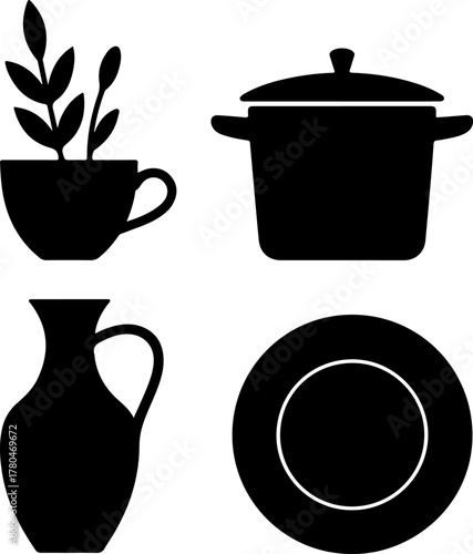 Black Silhouette Set of Decorative Kitchen Frame Cup Vase Pot and Plate