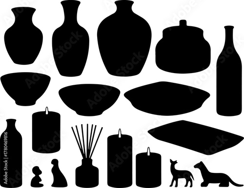 black silhouette set of decorative vases, jars, bowls, bottles, trays, candles, reed diffusers, and small figurines