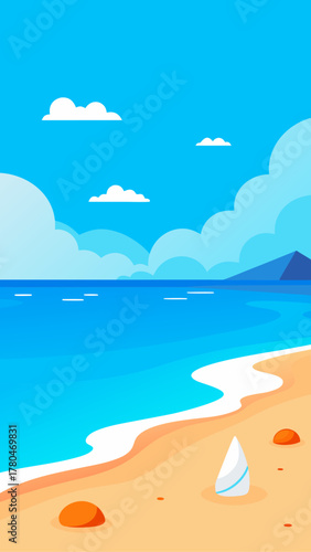 Illustration of a beach with clouds and a sailboat