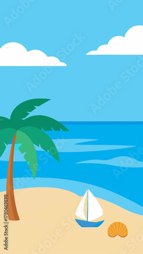 A beach scene with palm tree and sailboat cartoonish
