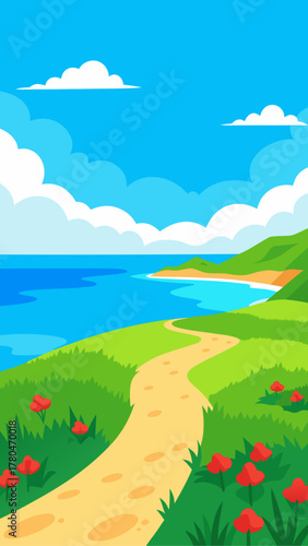 Cartoon path leading to the ocean with cloudy sky