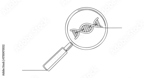 A single continuous one line drawing of a magnifying glass examining a DNA helix, symbolizing genetic research and scientific discovery