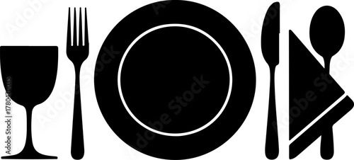 Black Silhouette Set of Dinner Hosting Tools Plate Glass Napkin Spoon and Tray