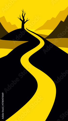 A winding road leads to a tree on a hilltop view