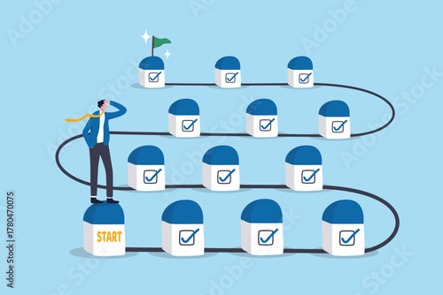 Milestone or achievement step, completion task checklist to progress to business goal success, step to be done journey, objective path, businessman look at milestones checklist to reach success.