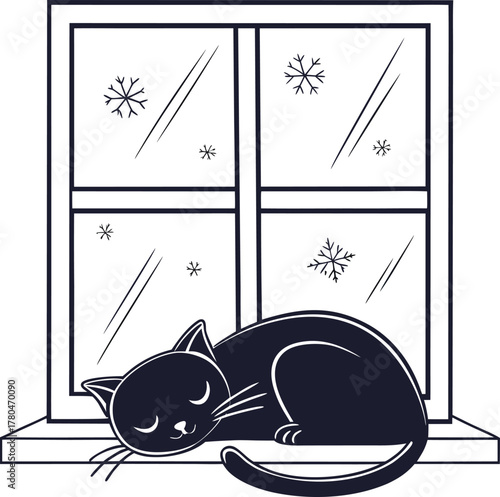 Cozy cat sleeping peacefully by a large window at dusk isolated on transparent background