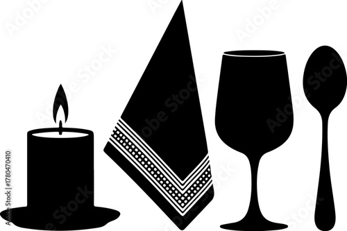 Black Silhouette Set of Elegant Dining Decor Candle Napkin Glass and Spoon