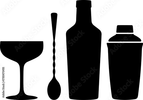 Black Silhouette Set of Drink Mixing Station Glass Spoon Bottle and Shaker
