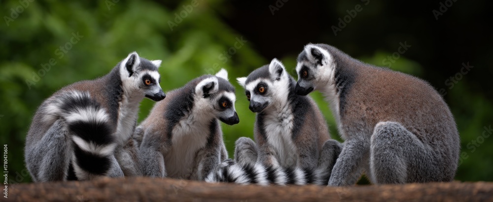 Obraz premium The friendly group of lemurs participated in gentle mutual cleaning behavior together.