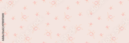Seamless vector pattern with minimal rose buds and leaves in soft coral and peach tones on a light blush background. Elegant hand drawn floral design perfect for textiles and decor