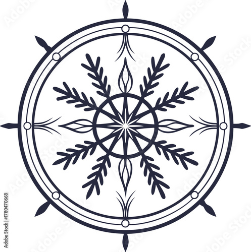 Intricate circular dharma wheel symbol featuring cosmic starburst detail and outer spokes isolated on transparent background