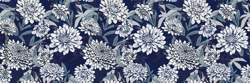 Elegant seamless vector floral pattern with detailed chrysanthemums and leaves in white, gray, and navy tones. Sophisticated botanical design for textiles, wallpaper, and packaging
