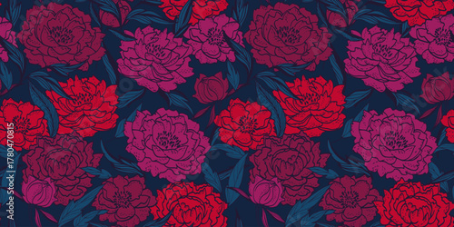 Bold seamless vector floral pattern with hand drawn peonies in rich red, burgundy, and magenta tones on a dark navy background. Elegant botanical design for fabric and decor