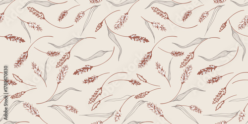 Seamless vector pattern with delicate wheat stems and curved leaves in warm terracotta and gray tones on a beige background. Elegant botanical design for fabrics and packaging