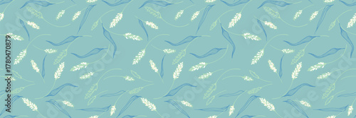 Seamless vector pattern with graceful wheat stems and curved leaves in soft blue and cream tones on a teal background. Elegant botanical design for fabric, decor, and packaging