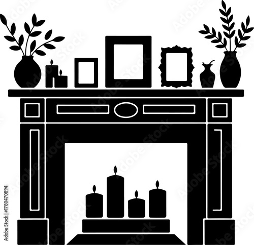 Black Silhouette Set of Fireplace Mantel Decor Candles Frames and Vases