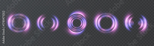 A set of glowing round energy rings with concentric waves on a transparent background for portals, game interfaces, Wi-Fi icons, technical communication elements, and network communication elements.
 