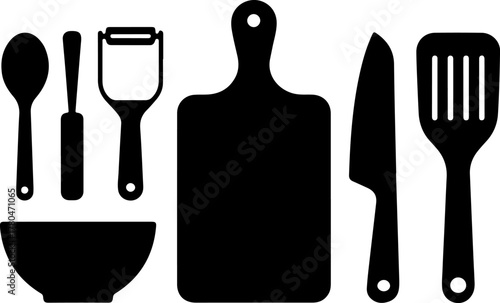 Black Silhouette Set of Food Prep Utensils Cutting Board Knife Peeler Bowl and Spoon