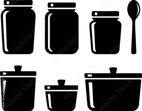 Black Silhouette Set of Food Storage Containers Jars Lids Spoons and Box