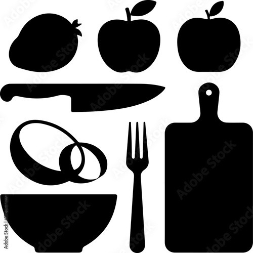Black Silhouette Set of Fruit Cutting Tools Knife Peeler Bowl Board and Fork