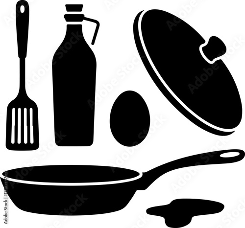 Black Silhouette Set of Frying Essentials Pan Spatula Oil Bottle Egg and Lid