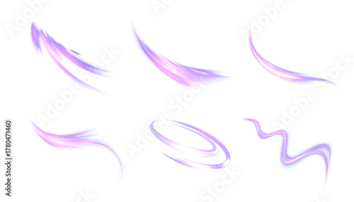 Set of soft purple glowing light strokes and curved magic trails isolated on white. Vector swish elements for motion design, fantasy spell effects and game interfaces.