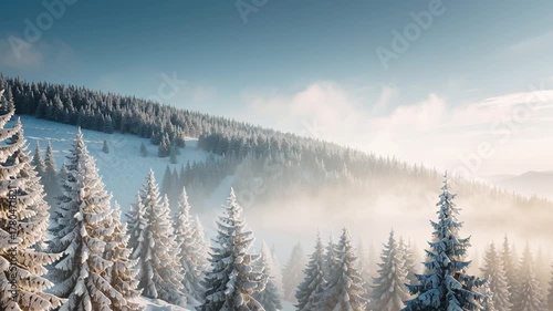 Snow-covered trees in a serene forest landscape during winter morning sunlight