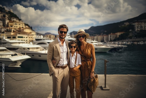Stylish family enjoying a luxurious summer vacation on a pier, with a picturesque cityscape and yachts in the background