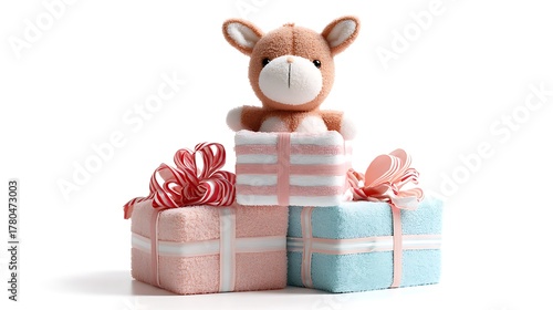 A plush reindeer sits atop a stack of festive gift boxes with ribbons.