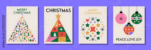 A collection of four stylized Christmas cards featuring holiday motifs like trees, ornaments, and festive greetings.