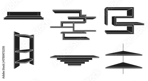 Collection of floating shelves in various shapes for interior design projects
