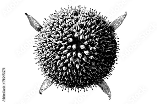 Artistic Black White Botanical: Buttonbush Flower Head | Clean, isolated vector art for creative projects.