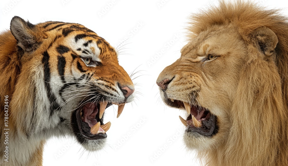 Obraz premium Fierce tiger and majestic lion roar face-to-face in a confrontation on white