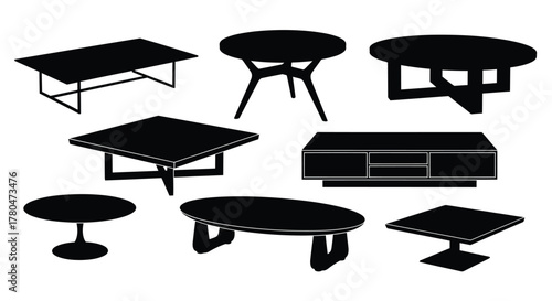 Collection of coffee tables in various shapes and styles black and white vector illustration