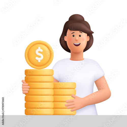 Young smiling woman Jane holding large stack of golden coins with dollar sign. Wealth, savings, investment, profit and financial success concept. 3d vector people character. Cartoon minimal style.