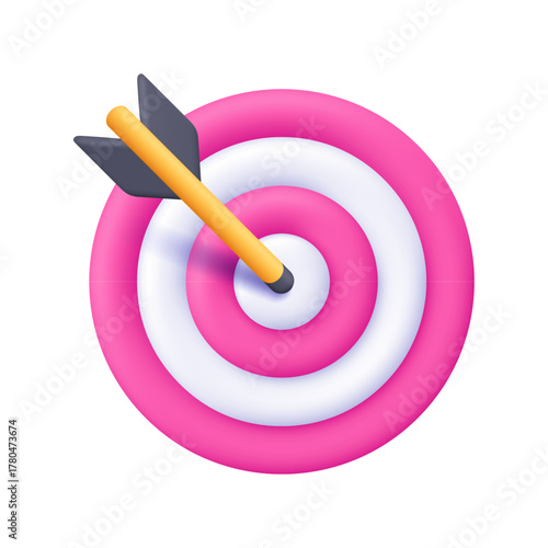 Pink and white target with arrow hitting the bullseye. Business finance target, goal of success, target achievement, precision and successful strategy. 3d vector icon. Cartoon minimal style.