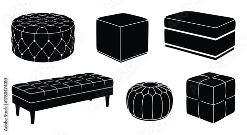 Collection of different types of poufs and ottomans interior furniture set